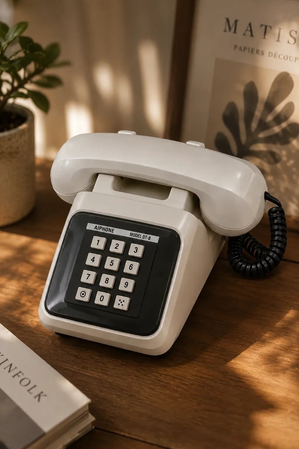 Telepon intercom di Toko Kopi Kabar Baik — pengunjung mengangkat gagangnya untuk merekam kabar baik